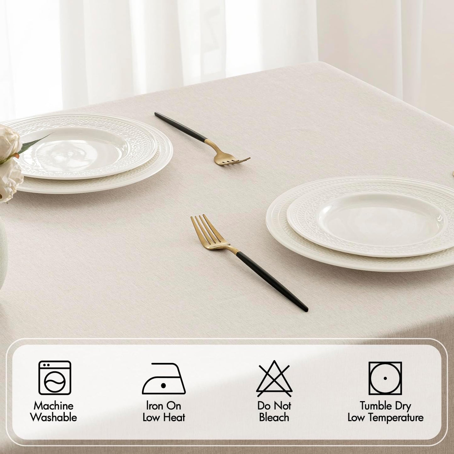 MIULEE Beige Rectangle Linen Polyester Tablecloth with Decorative Cutouts Spring Waterproof Stain Resistant & Shrink-Proof Table Cloth 52x70 inch Farmhouse Style for Dining Wedding and Outdoor