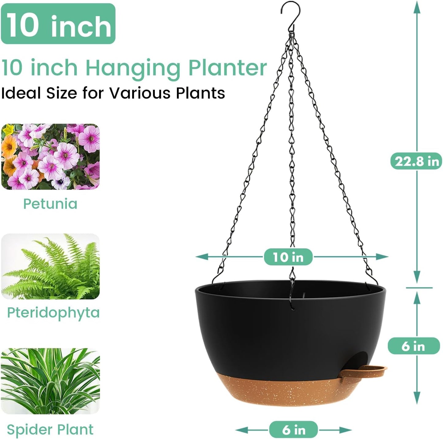 UOUZ Set of 3-10 Inch Self Watering Hanging Planters for Indoor Outdoor，Hanging Plant Pots with Drainage & Removable Tray, Hanging Pots Holder for Ivy, Pothos, Ferns, Balcony & Patio, Black with Brown