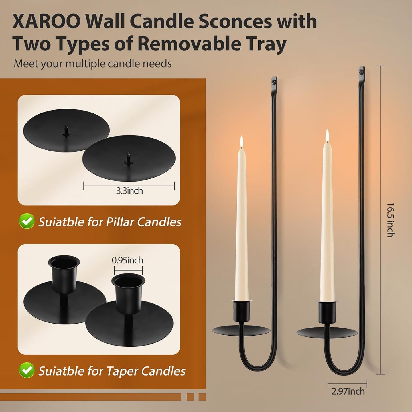 Candle Sconces Set of 2, Taper & Pillar Wall Candle Holder, 13.2 Inch Black Wall Sconces Set of Two, Decor for Entryway, Stair Corner, Living Room, Gifts for Men Women Mom or Dad
