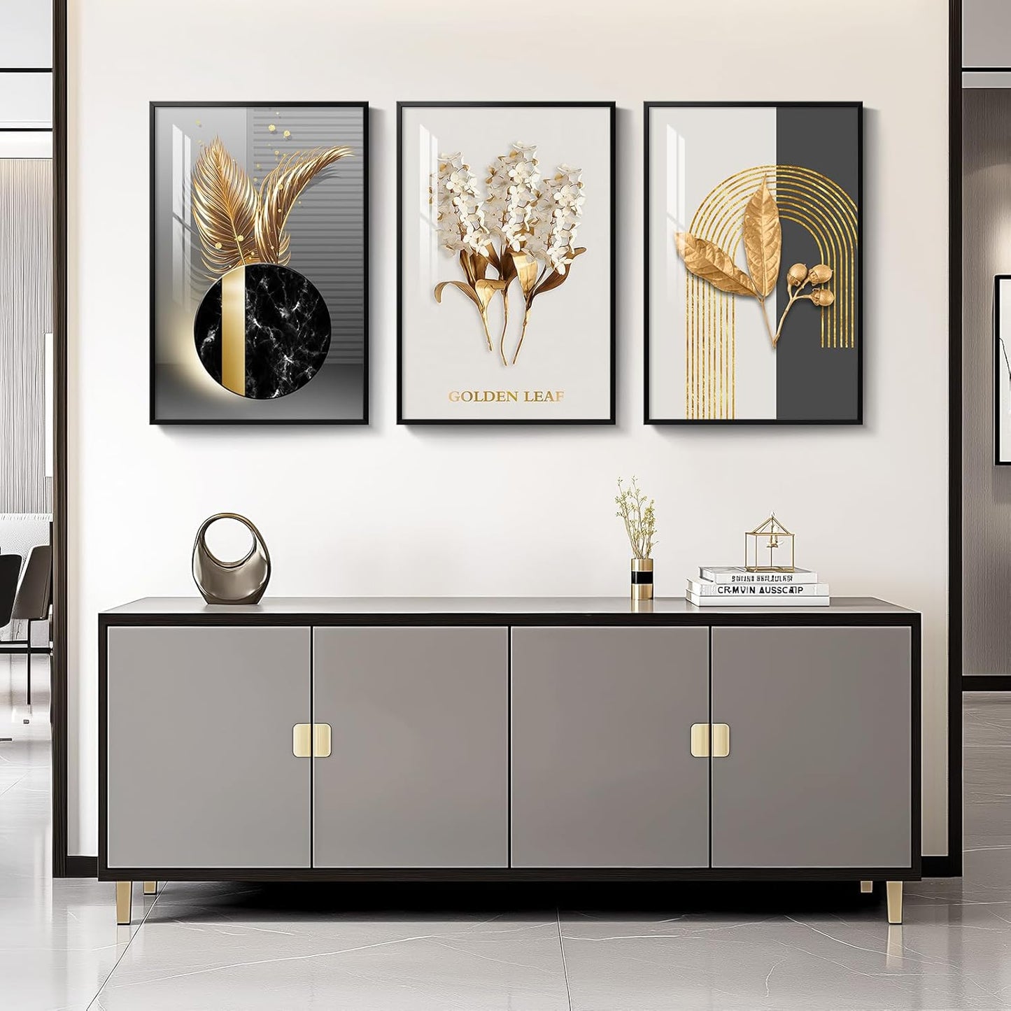 Framed Modern Luxury Gold Wall Art, Set of 3 Piece Contemporary Paintings Artwork for Walls, Golden Prints Pictures with Gold Frame, Wall Decor for Living Room, Hallway, Bedroom, Office 16x24 Inch