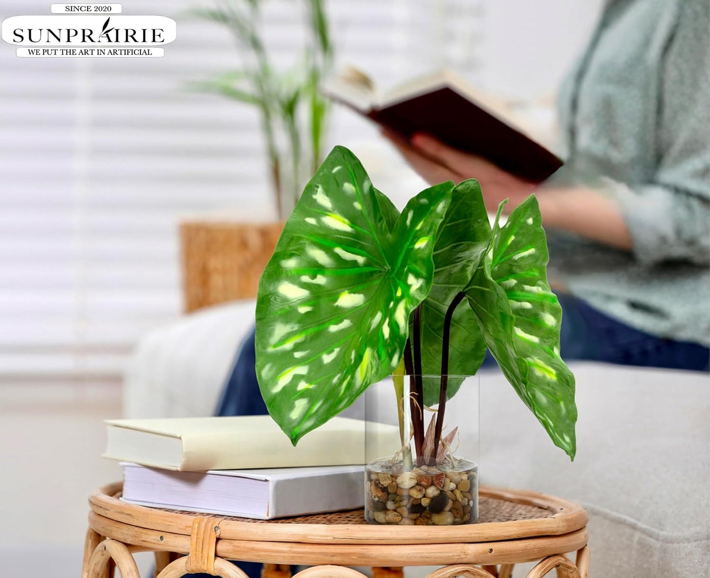 SUNPRAIRIE Realistic Faux Plant in Clear Pot with Artificial Water, Narrow Arrowhead Leaves. Artificial Plants Indoor and Outdoor