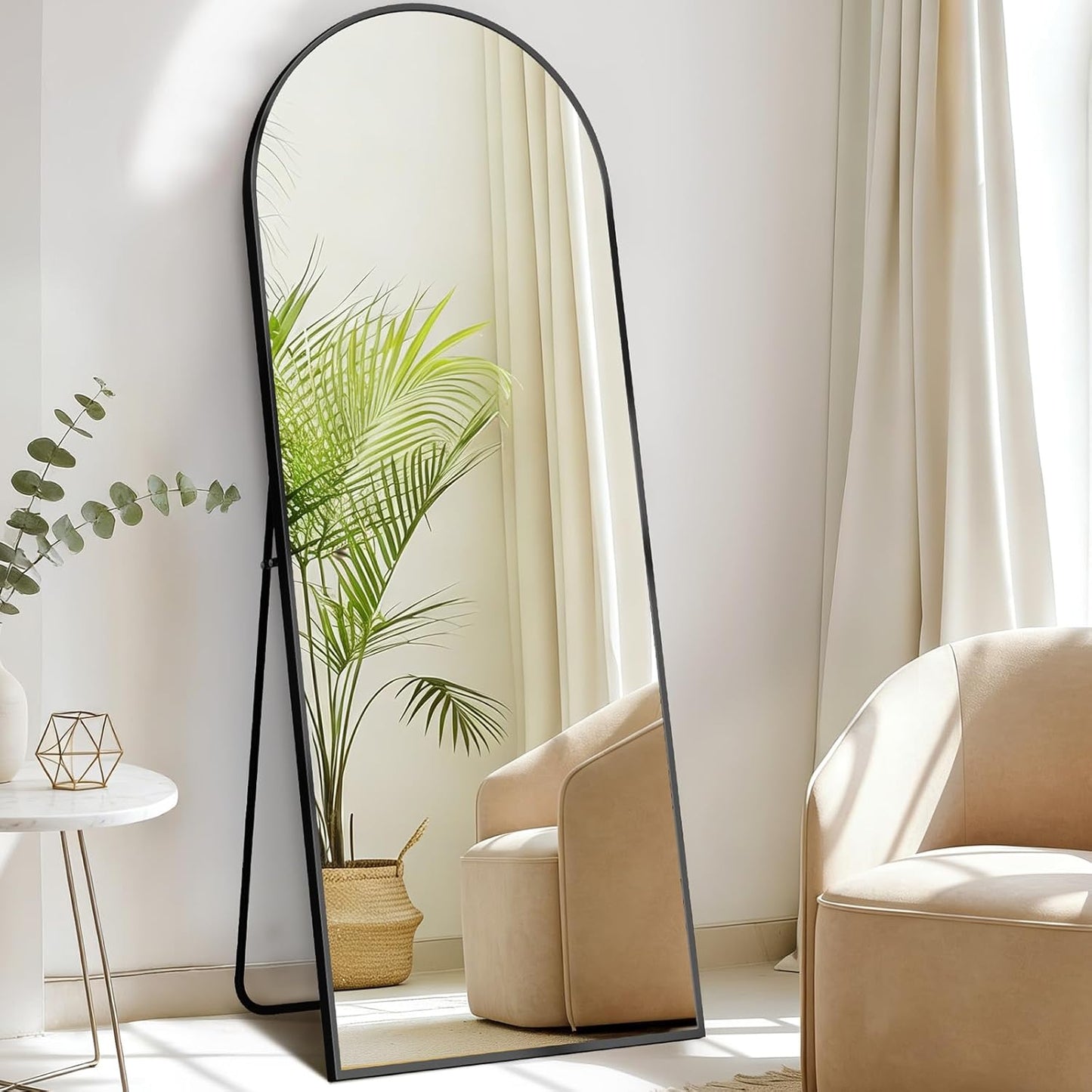 DUMOS Arched Full Length Mirror with Stand 64"x21" Floor Standing Aluminum Frame for Bedroom Body Hanging Leaning Modern Simple Home Decor Shatter-proorf Nano Glass Wall Living Room Cloakroom Black