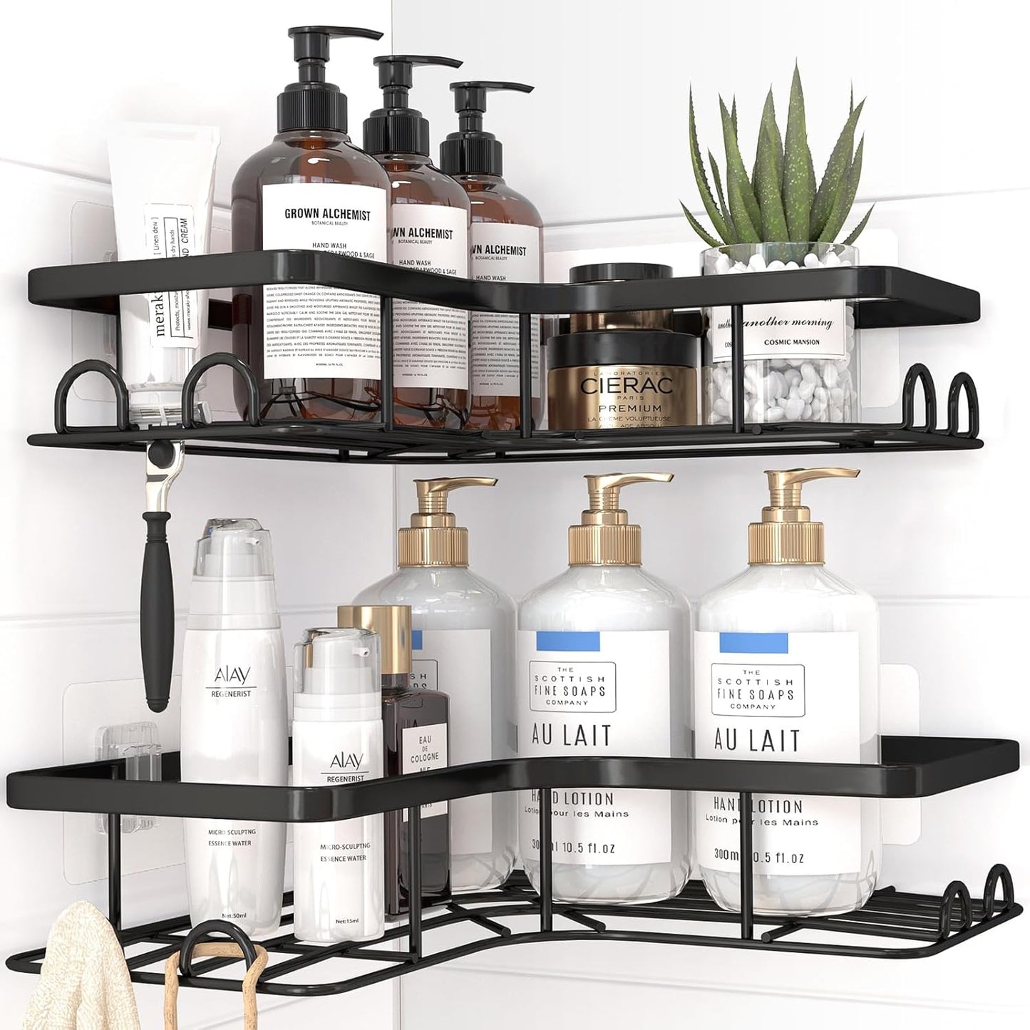 Sakugi Corner Shower Caddy - 2 Pack, Adhesive Shower Organizers, Rustproof Stainless Steel Shower Shelves with 8 Hooks, No Drilling Bathroom Organizers and Storage Racks, Space-Saving, Black, Medium