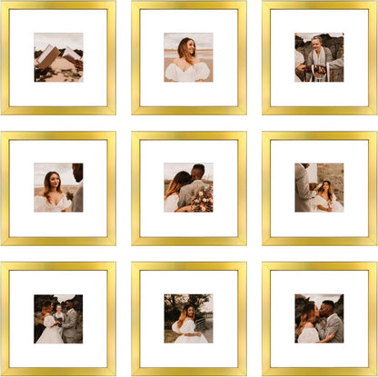 12x12 Picture Frame Set of 9, Display Pictures 8x8 with Mat or 12x12 without Mat, Multi Collage Gallery Square Photo Frames for Wall or Tabletop, Black