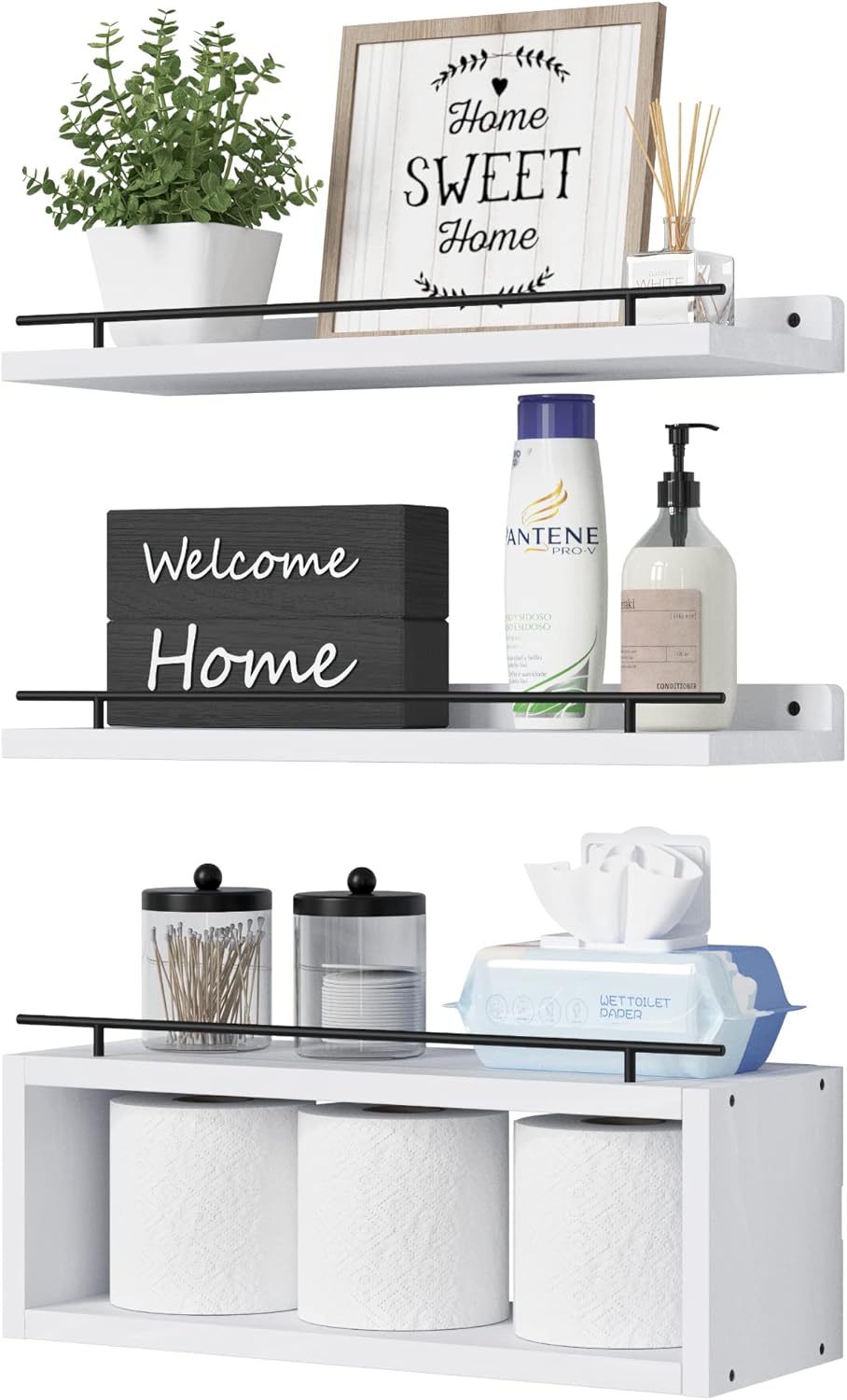 WOPITUES Floating Shelves for Wall with Cube Shelf, Wall Shelves with Metal Rail for Bathroom Decor, Bathroom Organizers and Storage, Over Toilet Shelves for Toilet Paper-Black