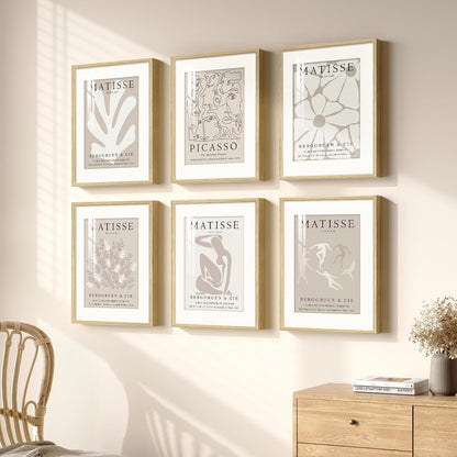 Framed Boho Black and White Brown Modern Abstract Wall Art for Living Room, Set of 6 Bohemian Wall Hanging Artwork, Minimalist Sun Geometric Pictures for Bedroom Office Bathroom Wall Decor 11x14 Inch