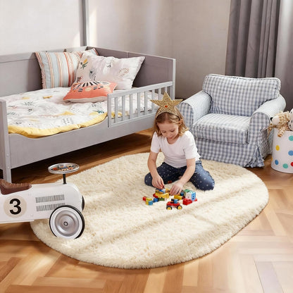 Ophanie Round Rugs 5Ft Ivory Circle Area Rug, Nursery Room Decor, Christmas Aesthetic Bedroom Home Circular Carpet 5 Foot, Fluffy Fuzzy Shag Plush Cream Living Room Rugs for Kids Boys Girls Teen Baby