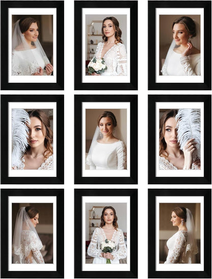 12x12 Picture Frame Set of 9, Display Pictures 8x8 with Mat or 12x12 without Mat, Multi Collage Gallery Square Photo Frames for Wall or Tabletop, Black