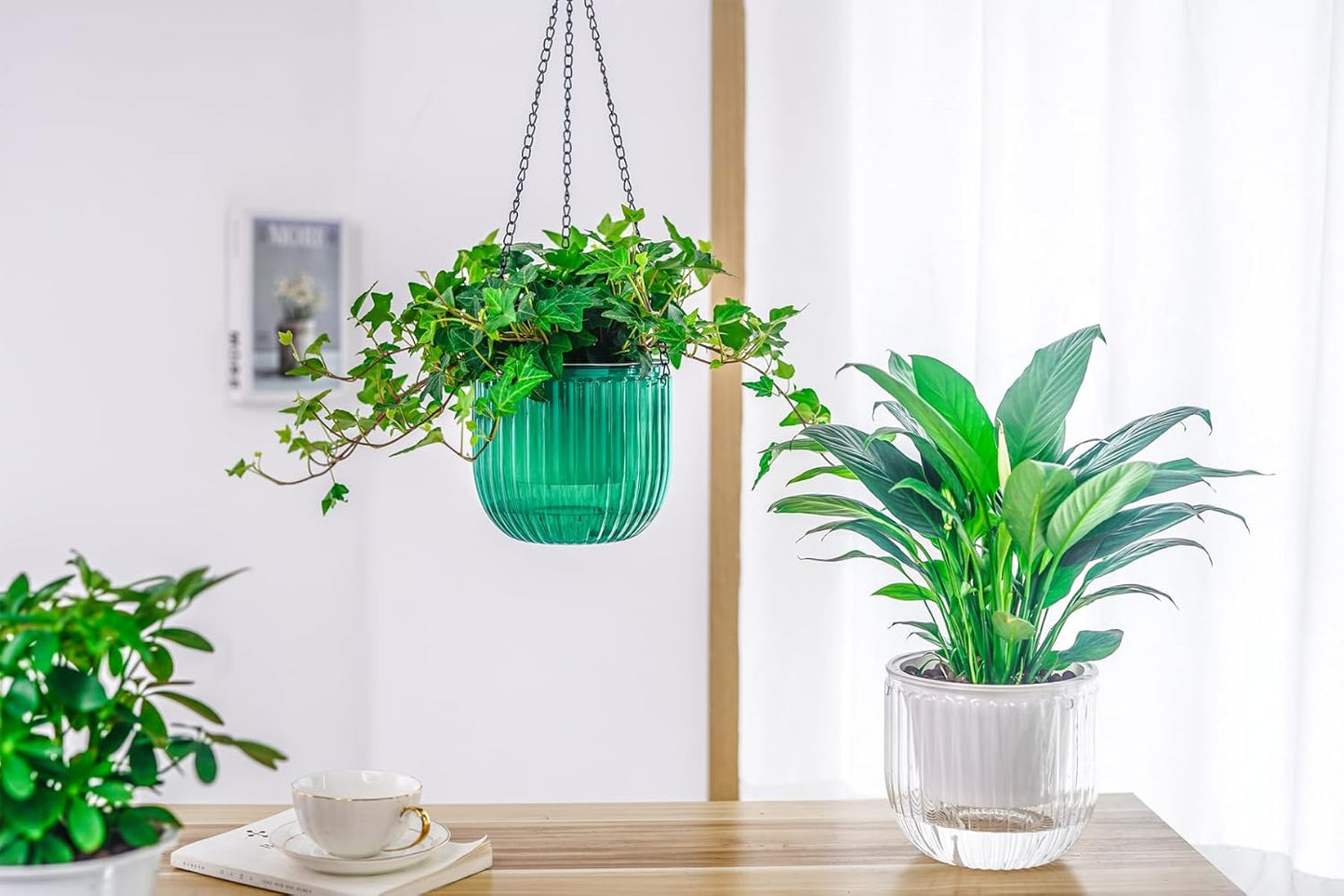Melphoe 2 Pack Self Watering Hanging Planters Indoor Flower Pots, 6.5 Inch Outdoor Hanging Basket, Plant Hanger with 3Hooks Drainage Holes for Garden Home (Emerald)