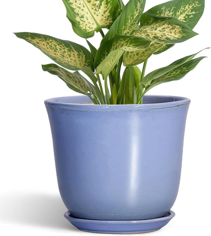 Ceramic Plant Pots - 12 Inch Pots for Plants Indoor Outdoor, Large Round Planter with Drainage Hole and Saucer, Modern Decorative Flower Pot, Home Garden Decor, House Warming Gifts, Blue