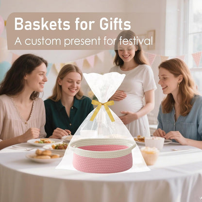 JMvicyroam Woven Basket,Small Rope Storage Bin with Handles & Ribbon Bag, Organizer for Shelves Closets,Gift Basket Empty for Birthday,Books,Dog Toys,White