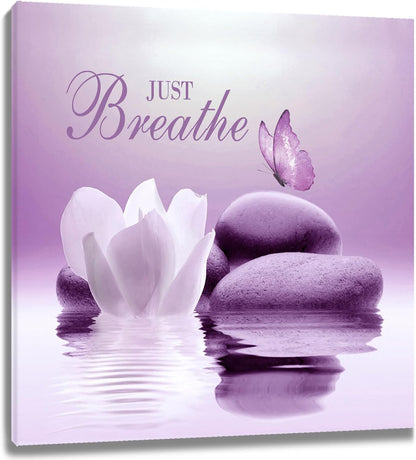 EOBTAIN Zen Flower Canvas Wall Art Bathroom Butterfly and Water Lily Stone Relaxing Spiritual Yoga Framed Wall Art Just Breathe Pictures Canvas Wall Decor for Living Room Bedroom,12x16 Inches
