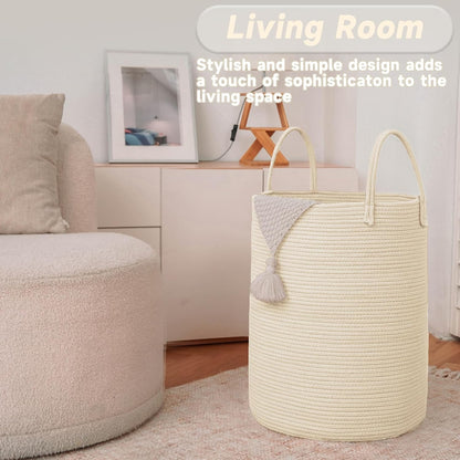 JMvicyroam Large Woven Laundry Basket Hamper,60L Cotton Rope Storage Bin for Blankets,Toys and Clothes,Decorative Tall Nursery Hamper for Living Room,Baby Nursery,Bathroom and Bedroom,Brown