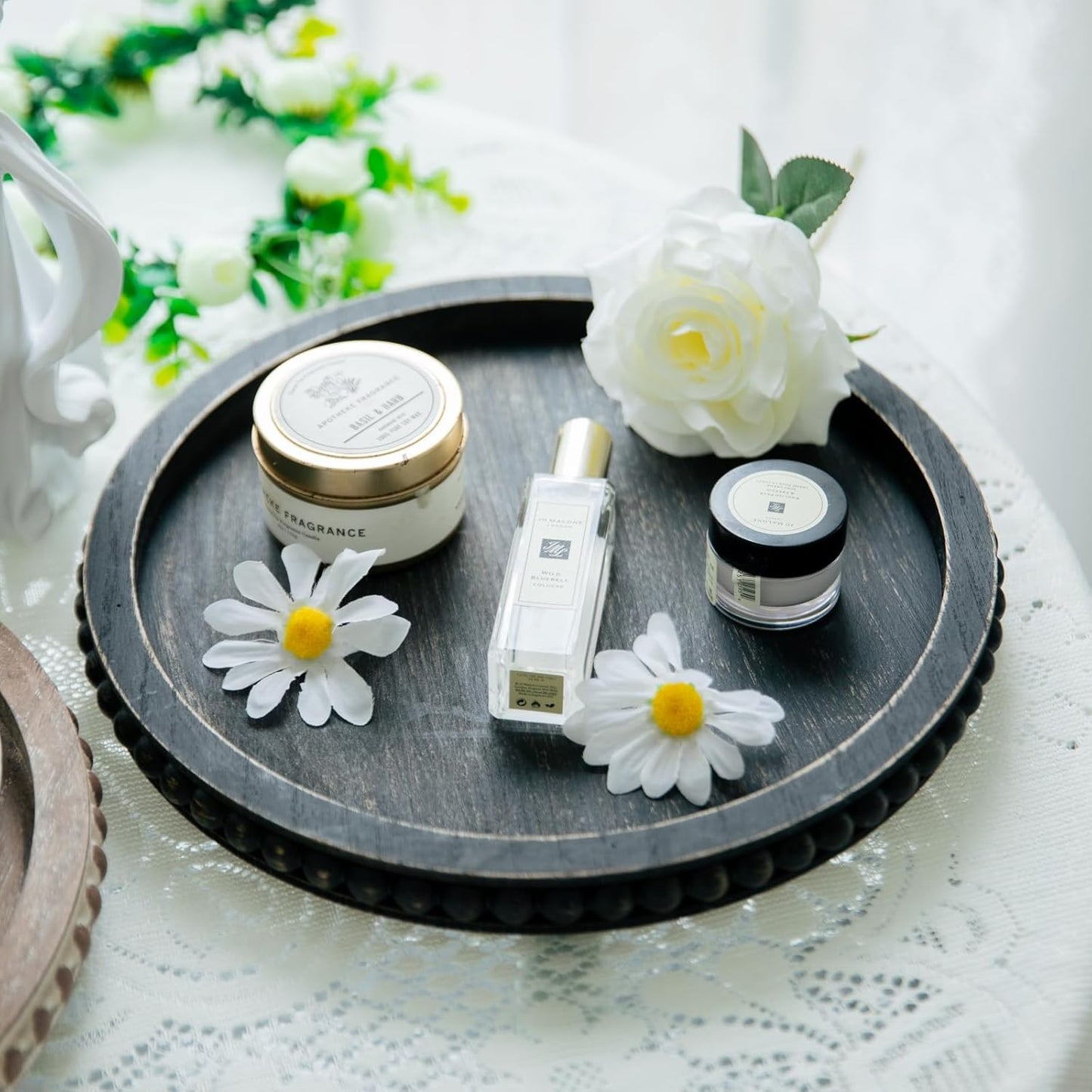 HPC Decor 12in Round Wood Tray - White, Distressed, Farmhouse Rustic - Decorative Tray for Living Room, Coffee Table, Kitchen Table or Farmhouse Serving Tray