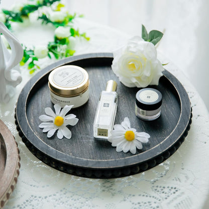 HPC Decor 12in Round Wood Tray - White, Distressed, Farmhouse Rustic - Decorative Tray for Living Room, Coffee Table, Kitchen Table or Farmhouse Serving Tray