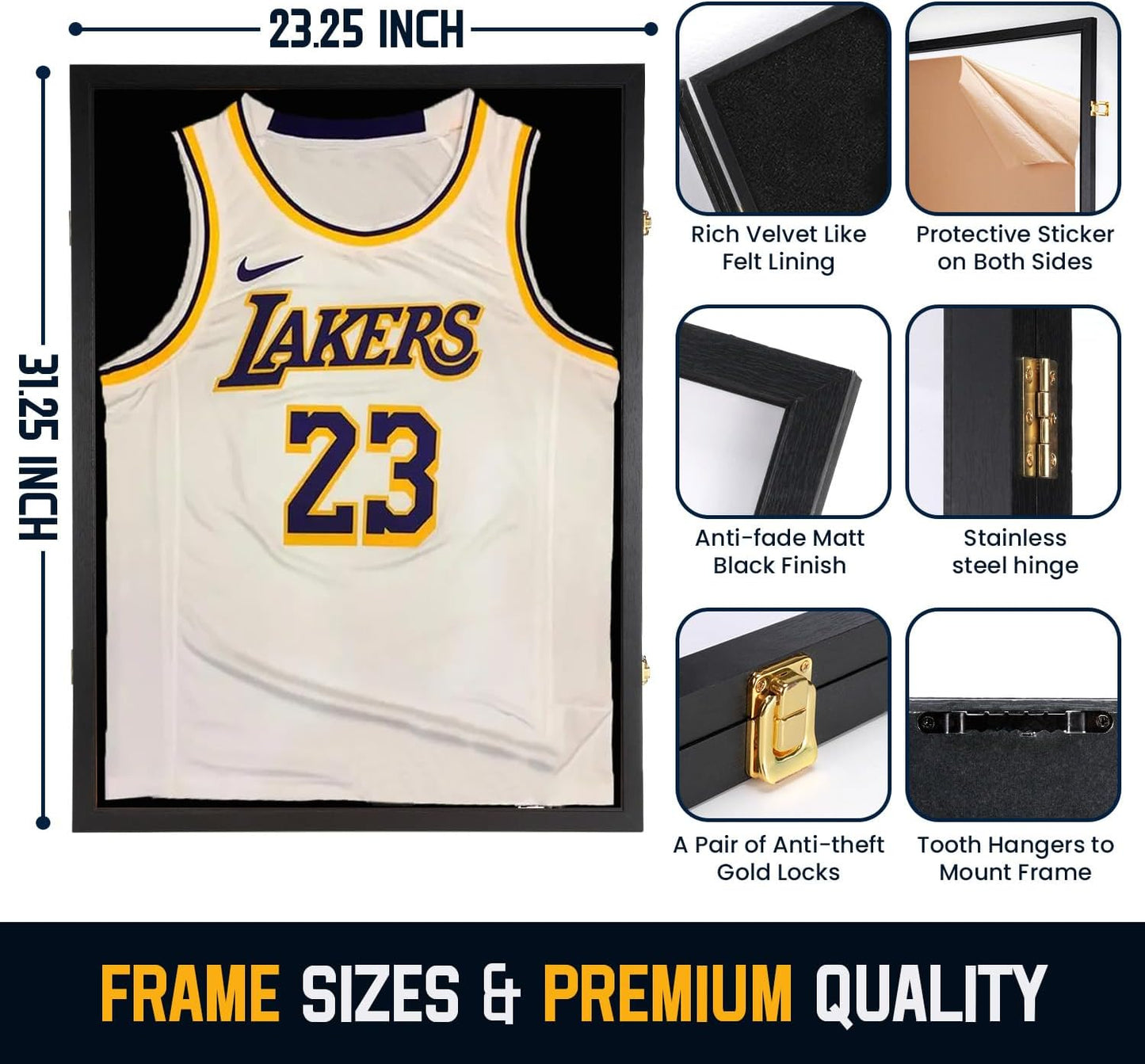 Jersey Wooden Frame Display Case -Shadow Box with 98% UV Protection Acrylic and Hanger for L or XL Baseball Basketball Football Hockey Sport Shirt and Uniform Gifts for Men (Black, 1 Pack)