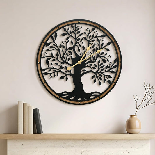 Micasso Farmhouse Large Wall Clock: 24Inch Rustic Tree of Life Metal with Wood Frame - Vintage Battery Operated Wall Clocks for Living Room/Office/Bedroom - Home Decor for Fashion-Conscious