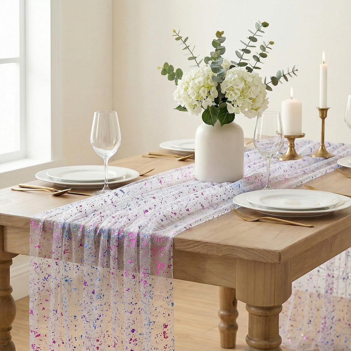 Artoid Mode Beige Gold Gauze Table Runner 120 Inch 10FT, Glitter Metallic Foil Sheer Dining Wedding Anniversary Holiday Birthday Table Decor for Home Party