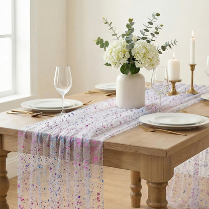 Artoid Mode Beige Gold Gauze Table Runner 120 Inch 10FT, Glitter Metallic Foil Sheer Dining Wedding Anniversary Holiday Birthday Table Decor for Home Party