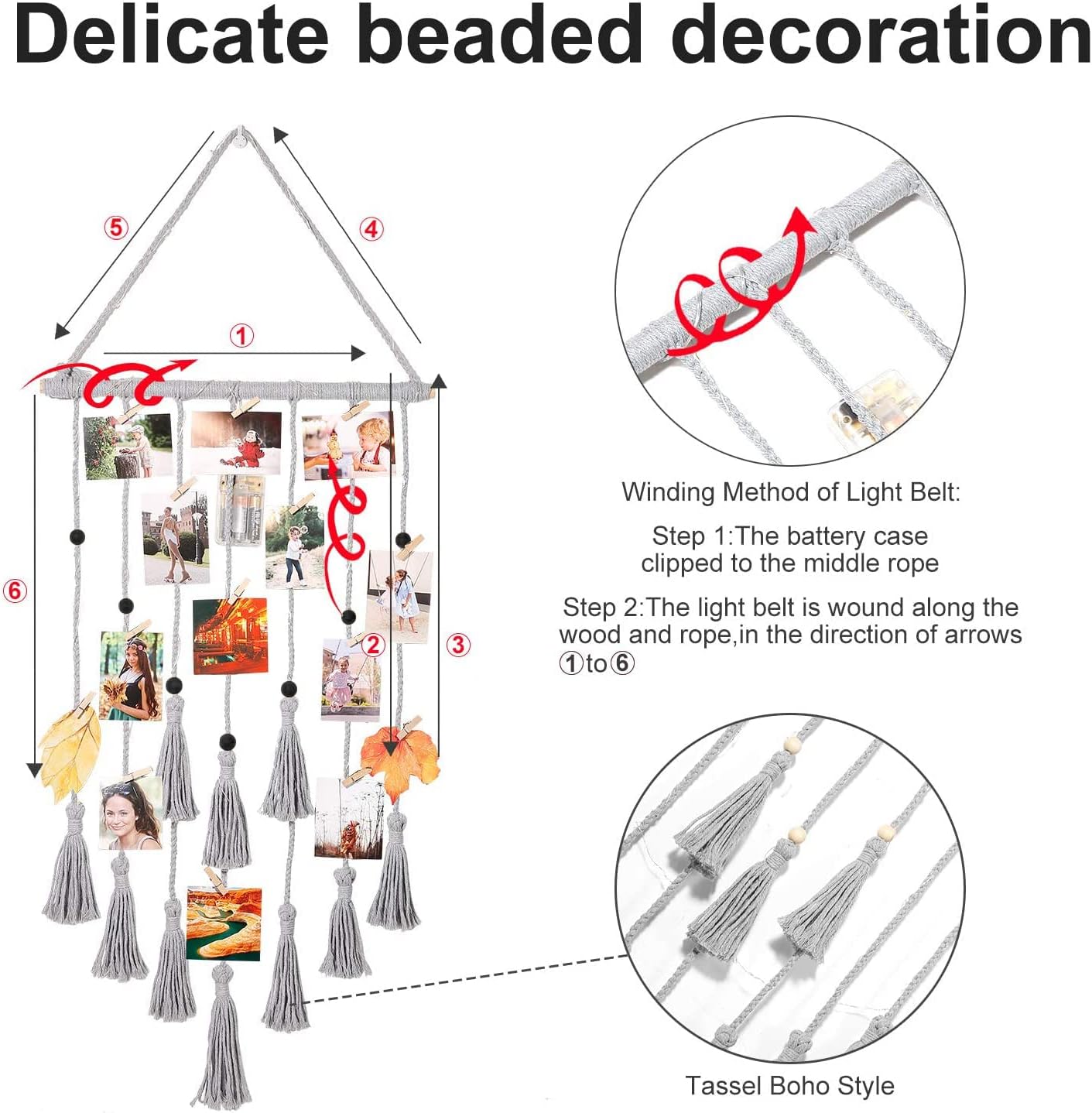 Homecor Hanging Photo Display Wall Decor, Macrame Wall Hanging Boho Room Bedroom Decor, Picture Frame Collage Board with Light 30 Clip, Christmas Teenage Teen Girl Gifts Ages 10 11 12 13 14 Years Old