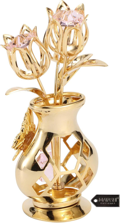 Matashi 24K Gold Plated Crystal Flower Figurine with Clear Crystals & Butterfly – Luxury Decorative Tulip Statue, Elegant Tabletop Home Décor, for Mother's Day, Valentine's Day, Christmas
