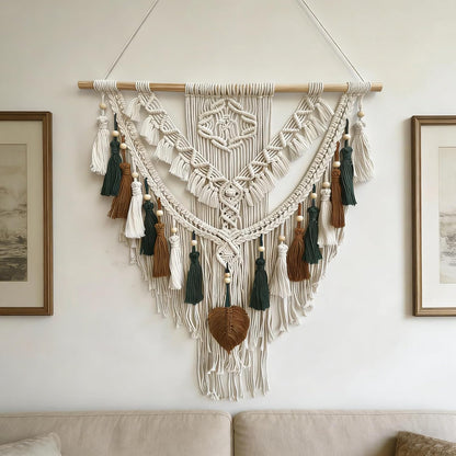 Lokeisna Macrame Wall Hanging, Woven Tapestry Beige & Dusty Rose Handmade Craft Macrame Wall Decor, Gallery & Nursery, Size 37.4” Lx27.5” W