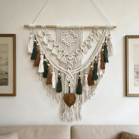 Lokeisna Macrame Wall Hanging, Woven Tapestry Beige & Dusty Rose Handmade Craft Macrame Wall Decor, Gallery & Nursery, Size 37.4” Lx27.5” W