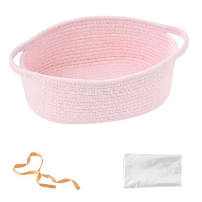 Small Woven Gift Basket Empty with Bag & Ribbon - Gifts for Mom, Baby Shower, Birthdays & Raffle - Cotton Rope Storage Basket for Dog Toys or Shelf - 12"x8"x5", White
