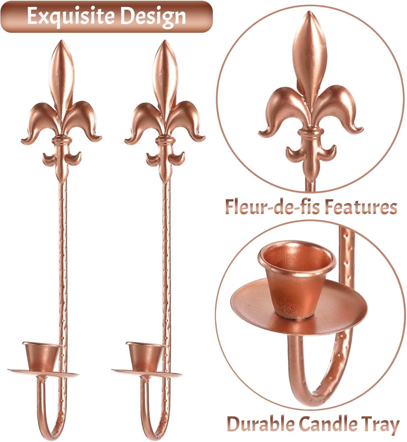 Fleur De Lis Wrought Iron Candle Sconces Set of 2, Rustic Candle Holders Hanging for Living Room Farmhouse Fireplace Wedding (Antique Copper)