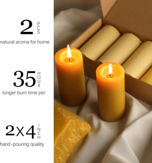 Natural Beeswax Candles 4 Packs, Beeswax Pillar Candles with 140 Hours Burn Time, Organic Emergency Candle Long Burning for Home Room, Smokeless & Dripless, 2x4 inch