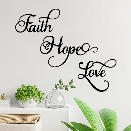 ESTART Faith Hope Love 3 Pieces Metal Wall Decor Inspirational Black Letter Sign Wall Art Rustic Vintage Farmhouse Word Metal Sign Family Wall Decor for Home Bedroom Living Room