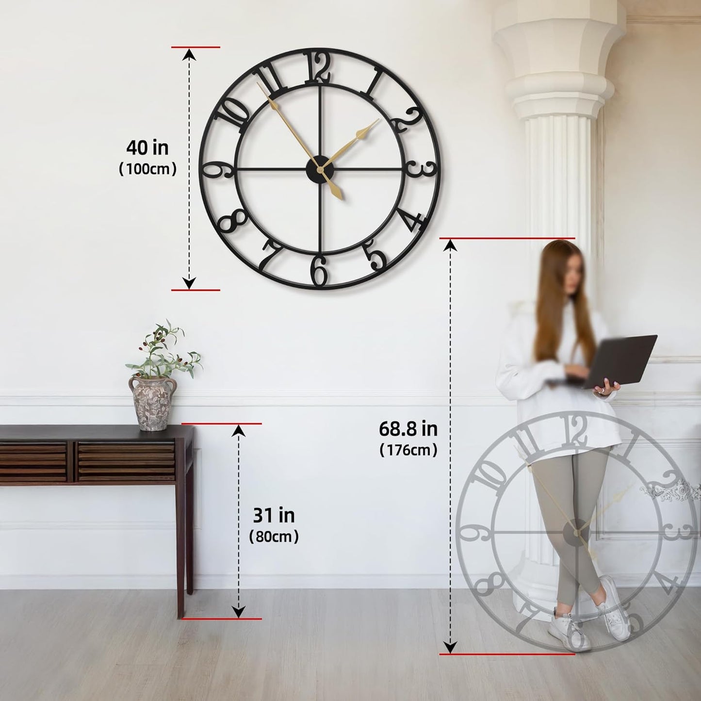 LEIKE 16" Large Wall Clocks Battery Operated, Round Modern Silent Non-Ticking Black Metal Wall Clock for Living Room Decor, Bedroom Kitchen (40cm Diameter, Black Roman Number)