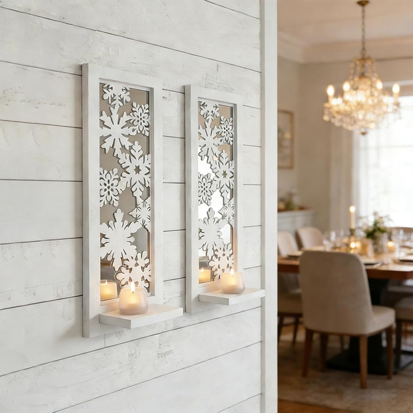 Wood Wall Sconce Candle Holder Set 2, Rustic Wall-Mount Candle Holders, Farmhouse Hanging Wall Décor, Carved Wood Frame, Mirrored Candle Holder (Distressed White)