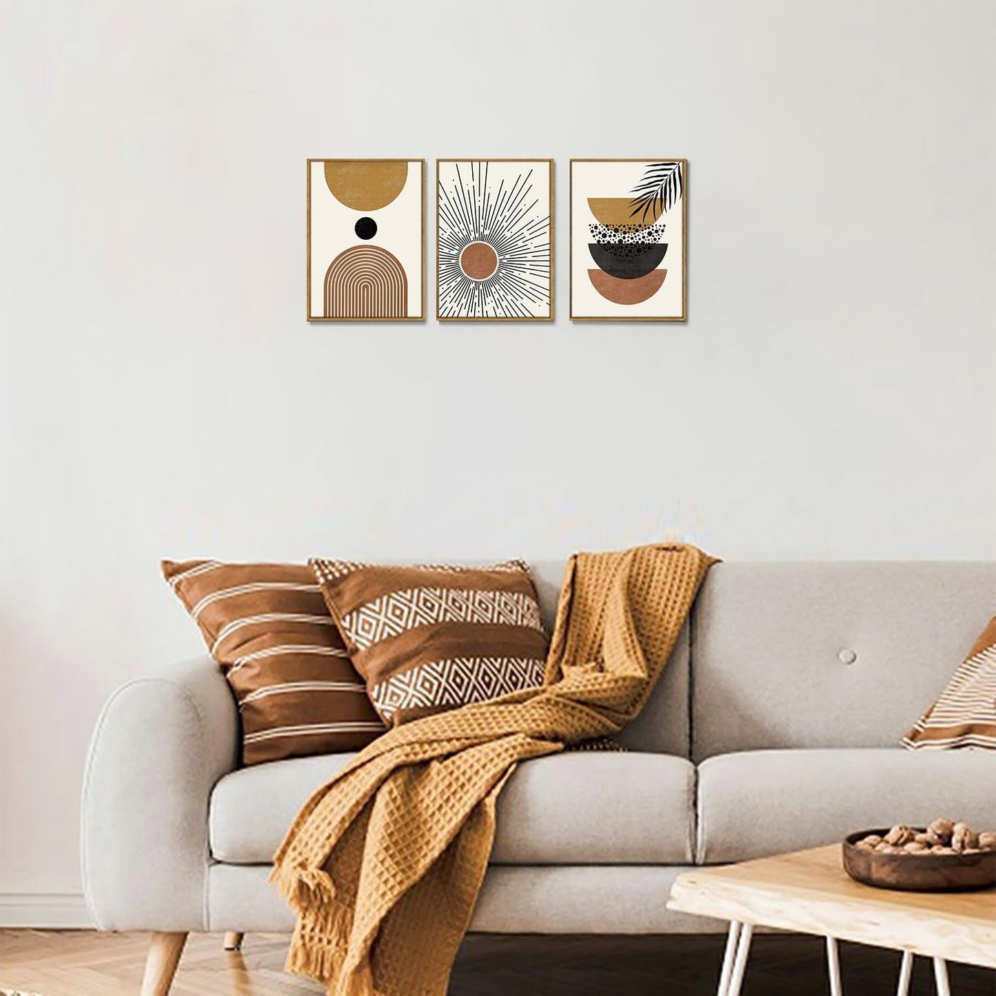Bwodke Boho Wall Art, Framed Abstract Wall Art, Green Botanical Neutral Canvas Wall Decor, Large Mid Century Plant Pictures Set of 3, Modern Minimalist Paintings, for Bedroom Living Room Bathroom