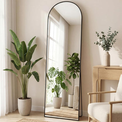 OLIXIS Black Arched Full Length Mirror 60"x16" for Bedroom, Full Body Mirror with Stand, Hanging or Leaning for Wall, Aluminum Alloy Thin Frame Floor Standing for Living Room