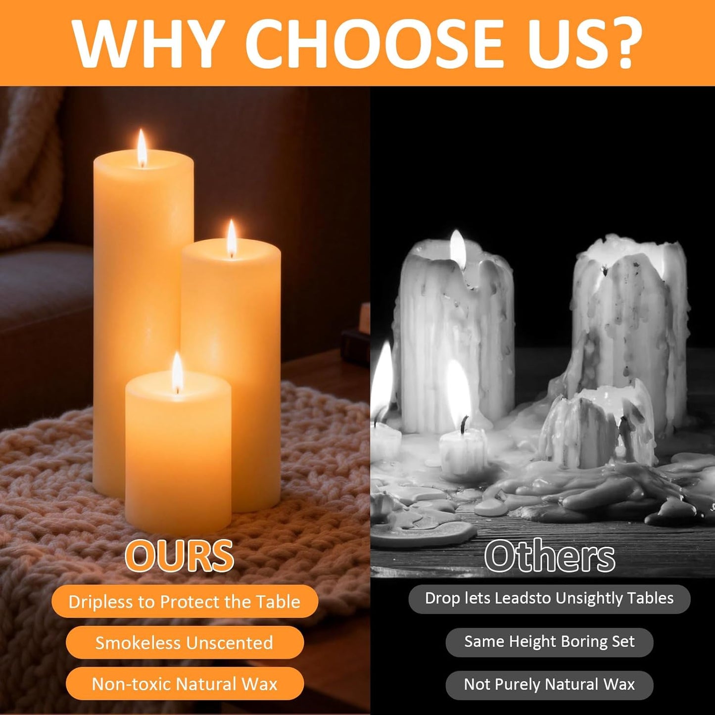 18 Pcs Ivory Pillar Candles Bulk Set，3 Different Lengths 2 x 3/4/6 Inch (6 Each)，Hurricane Candles，Dripless Unscented Smokeless，Gives You a Better Atmosphere When Organizing an Event Party.