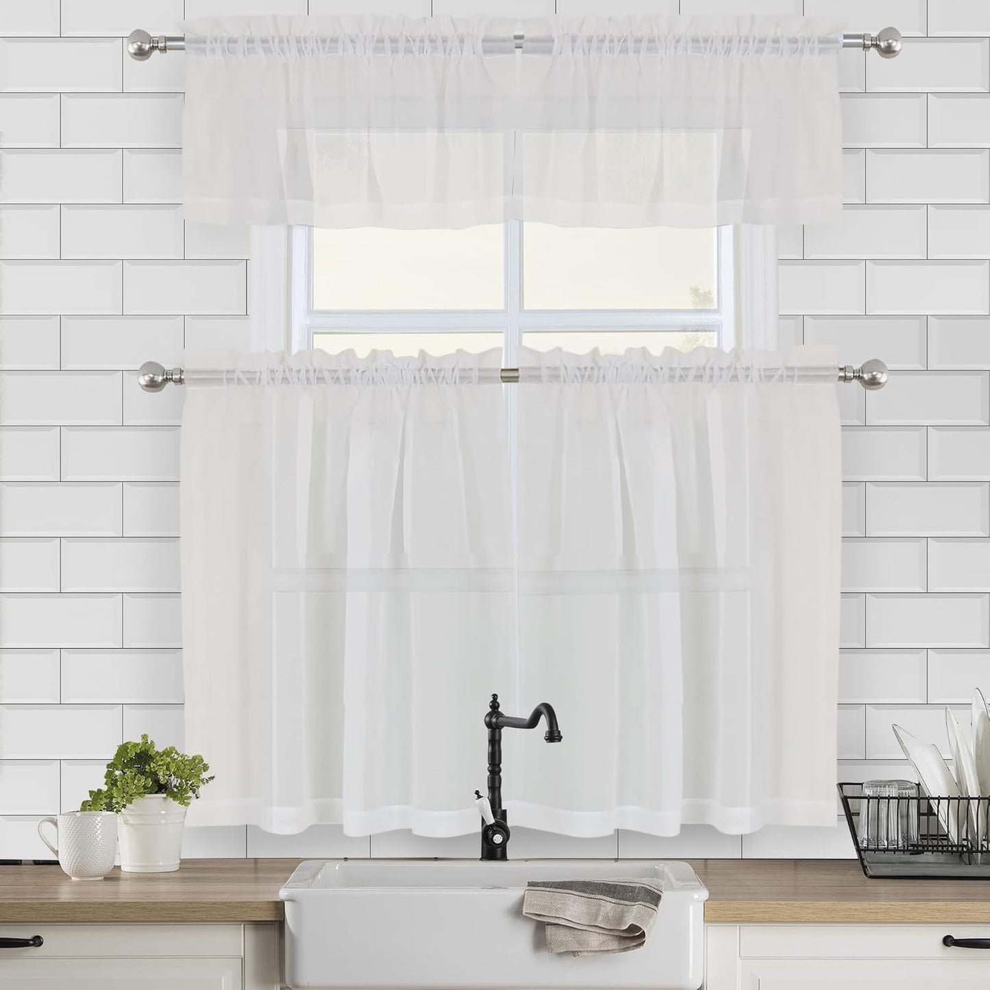 Chyhomenyc Sheer White Valances for Windows 2 Pack, Small Window Curtains for Living Room Bathroom Cafe Laundry Basement, Modern Top Dual Rod Pocket Voile Curtain, 42W x 14L inches, White - Colors C