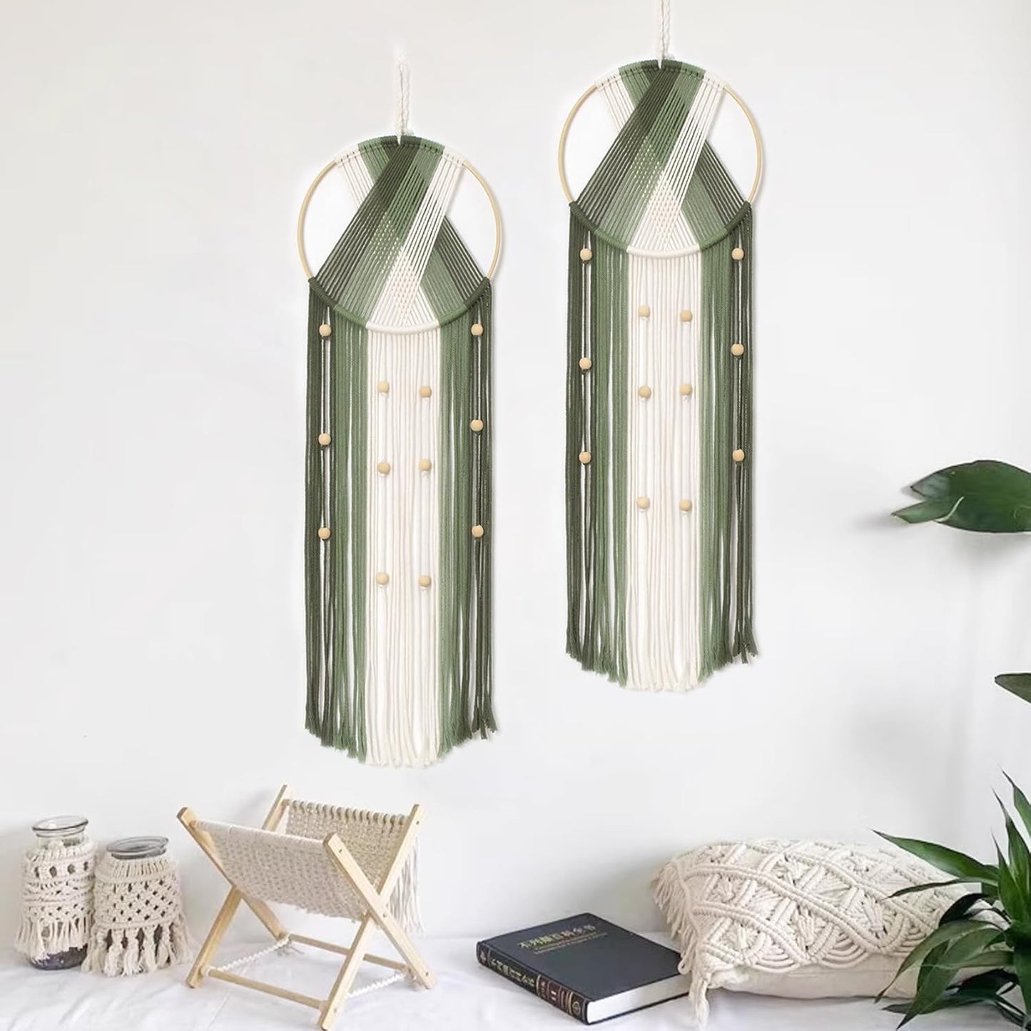 LB Boho Macrame Wall Hanging - Green and Beige Handmade Cotton Woven Decor, Modern Geometric Bohemian Tapestry Wall Decor for Bedroom Living Room Home (31.5"x9.84") Nature-Inspired Room Decor