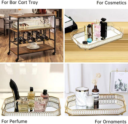Bar Cart Tray, Decorative Mirrored Tray with Handles, Large Capacity Organizer, Gold