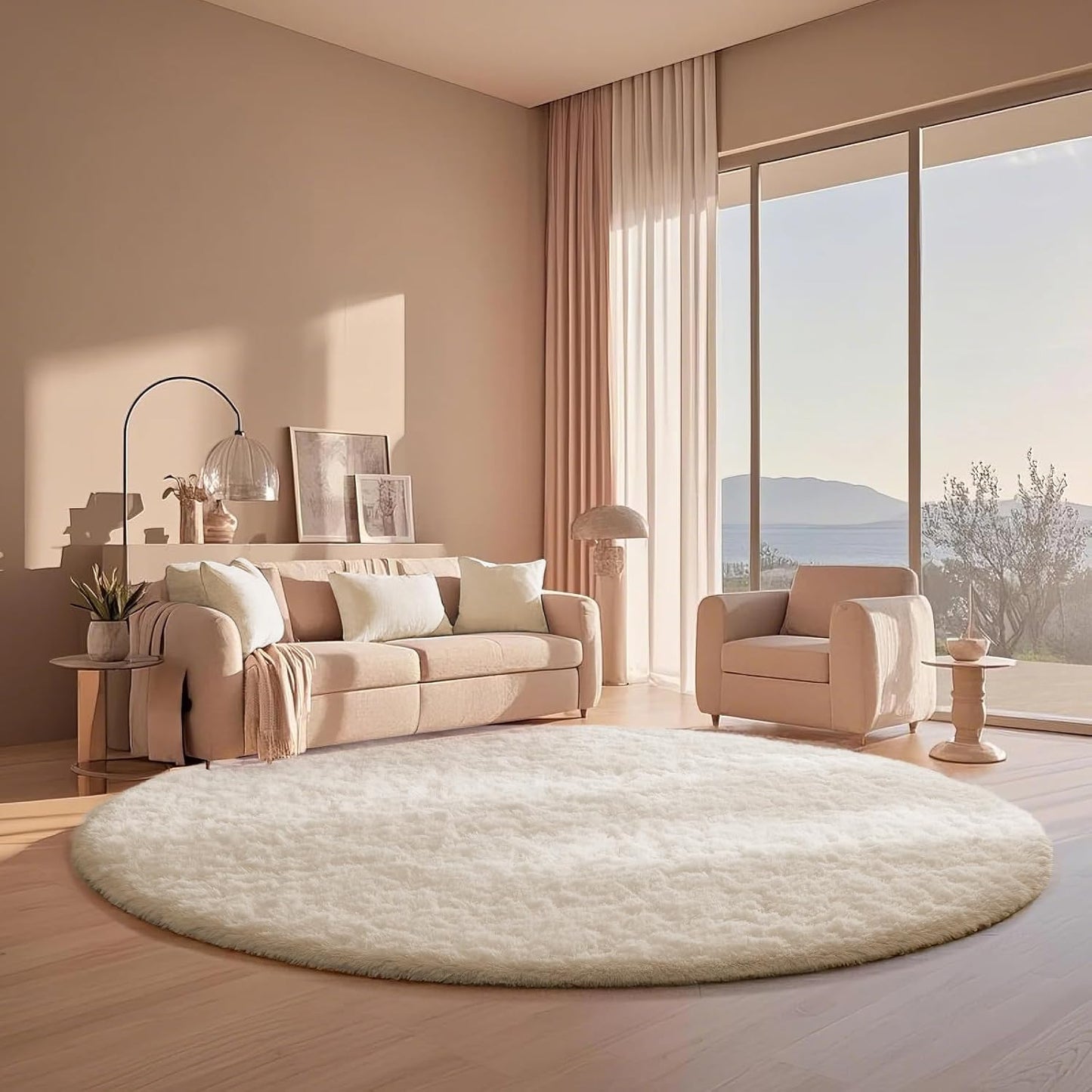 Ophanie Round Rugs 5Ft Ivory Circle Area Rug, Nursery Room Decor, Christmas Aesthetic Bedroom Home Circular Carpet 5 Foot, Fluffy Fuzzy Shag Plush Cream Living Room Rugs for Kids Boys Girls Teen Baby