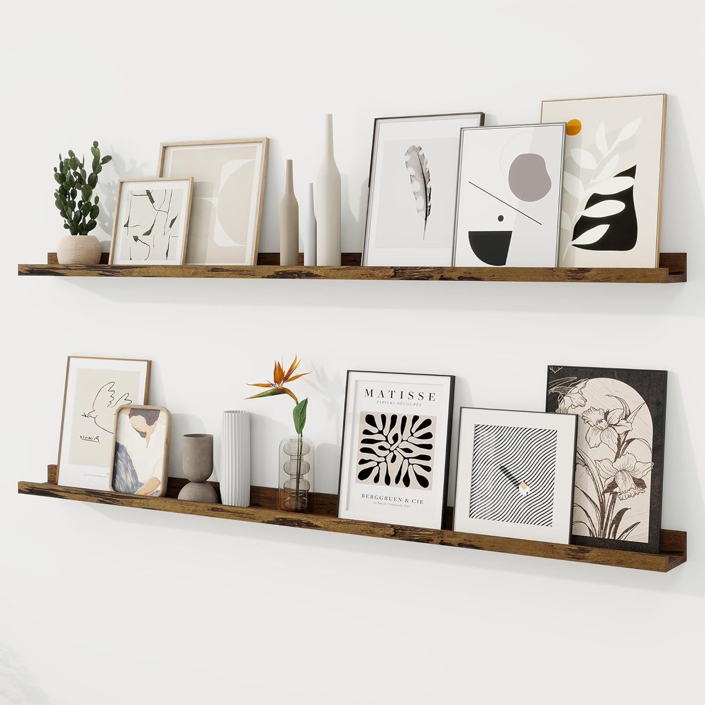 RICHFOCUS Picture Ledge Shelf, 24 inch Floating Shelves Set of 2, Wood Wall Shelves with Lip, Wall Decor Storage for Bedroom Living Room Bathroom Kitchen Nursery Photo Picture, Walnut