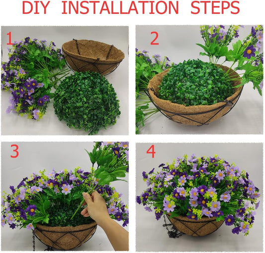 Artificial Faux Hanging Plants Flowers Basket for Summer Autumn, Colorful Daisy Flowers Eucalyptus UV Resistant Look Real for Outdoor Outside Porch Decoration