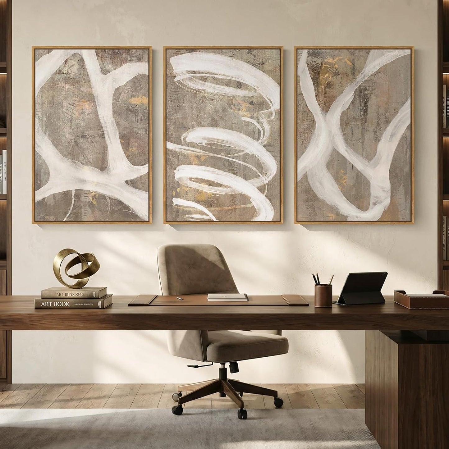 Large Framed Neutral Abstract Wall Art for Living Room, 3 Piece Modern Canvas Prints Paintings Artwork for Walls, Black and Beige Pictures for Living Room Hallway Stair Office Wall Decor 24x36 Inch