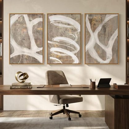 Large Framed Neutral Abstract Wall Art for Living Room, 3 Piece Modern Canvas Prints Paintings Artwork for Walls, Black and Beige Pictures for Living Room Hallway Stair Office Wall Decor 24x36 Inch