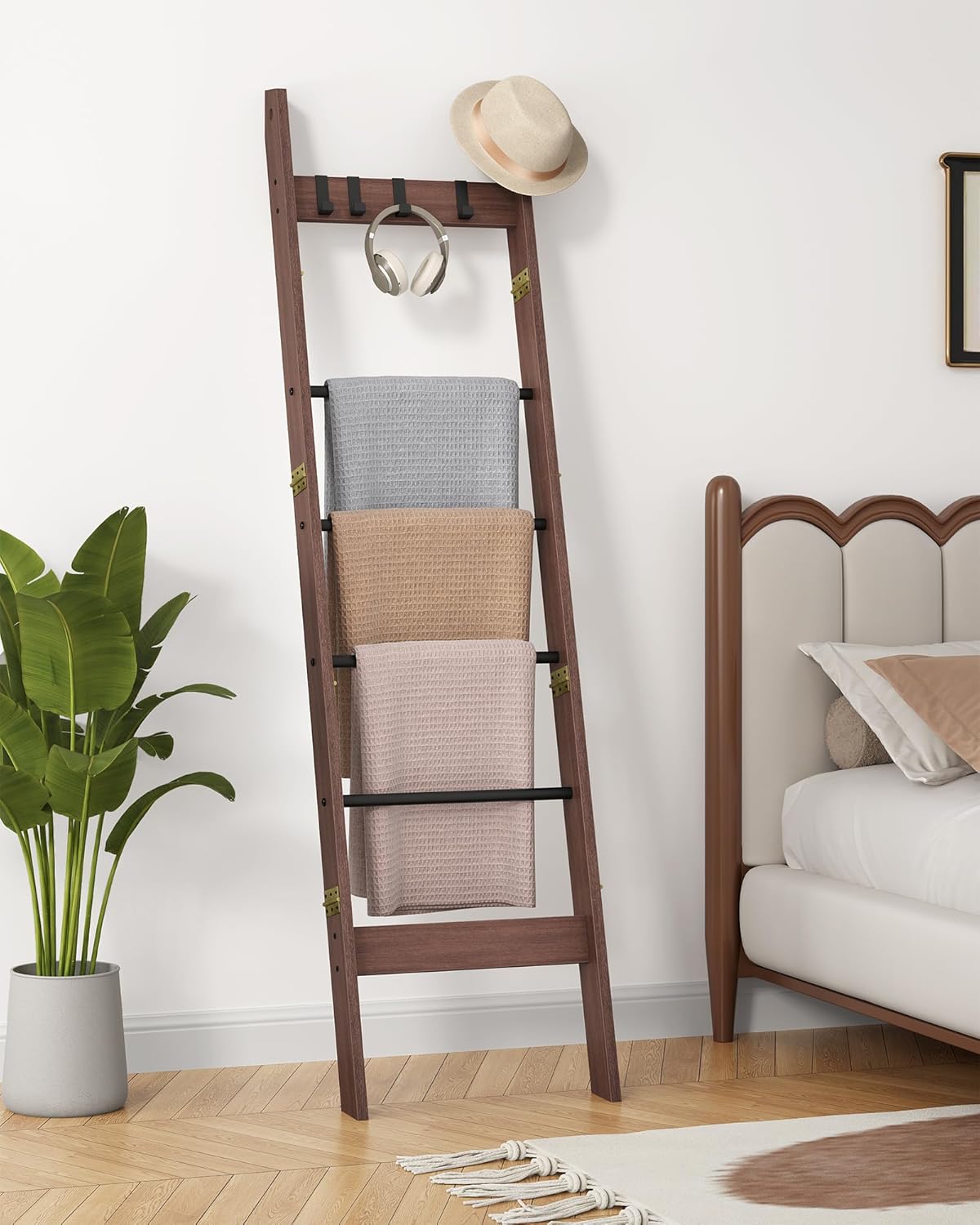Hzuaneri Blanket Ladder for Living Room, Decorative Quilt Rack with 4 Removable Hooks, 5-Tier Farmhouse Ladder Holder Shelf Organizer for Bedroom, Rustic Brown and Black 02101BBR