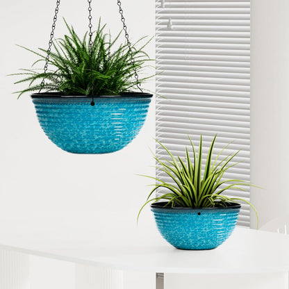 Vanslogreen 2 Pack Hanging Planters for Indoor Outdoor Plants, 10 Inch Hanging Planter with Drainage Hole & Plug Glazed Hanging Baskets Flower Pots for Garden Home (Blue)