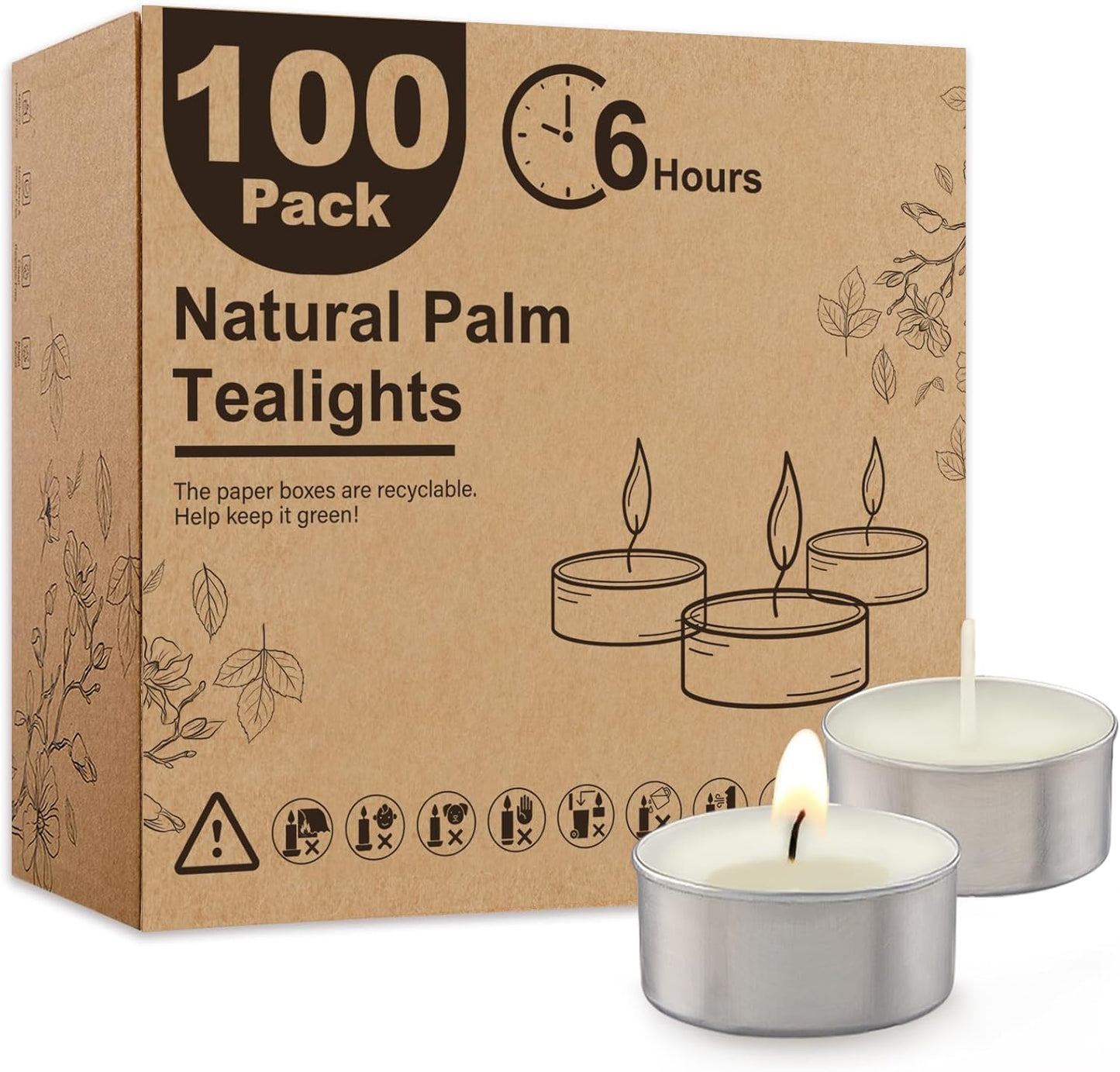 Ashlux Unscented Palm Tea Lights Candles 100 Pack Bulk, 4.5 Hours Long Burning White Tea Lights,Non-Paraffin, Smokeless, Mini Tealight Votive Candles for Wedding, Christmas Lights, Party, Christmas