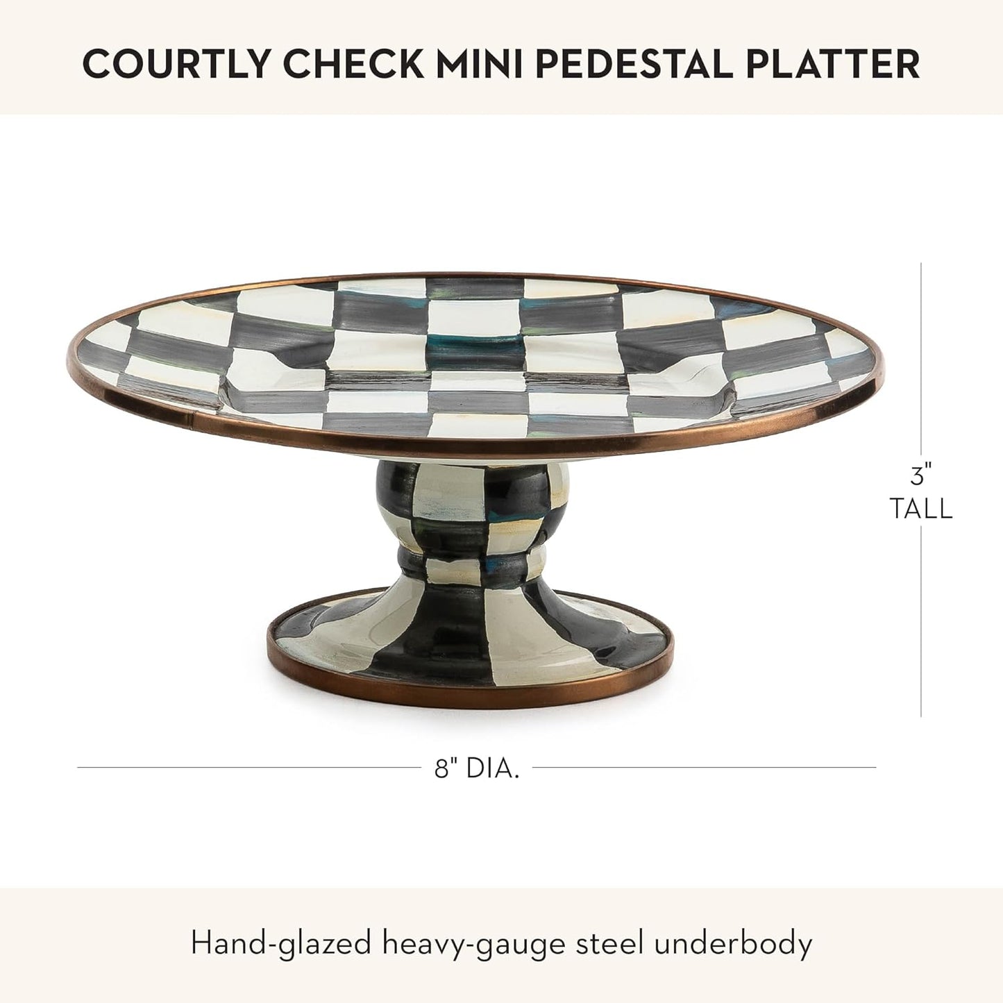 MACKENZIE-CHILDS Enamel Pedestal Serving Platter, Decorative Serving Dish for Food, Small, Black-and-White Courtly Check