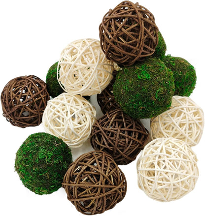 15pcs Decorative Balls for Vase Centerpiece Bowls Orbs Filler Table Decor, 2.4 in Wicker Rattan Balls and Moss Balls Set(Green + Brown + White)