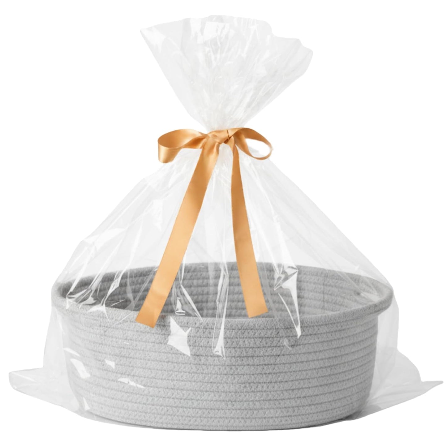 Small Woven Gift Basket Empty with Bag & Ribbon - Gifts for Mom, Baby Shower, Birthdays & Raffle - Cotton Rope Storage Basket for Dog Toys or Shelf - 12"x8"x5", White